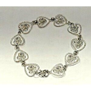STERLING SILVER 925 FILIGREE HEARTS & FLOWERS 7.75" TENNIS BRACELET EUC